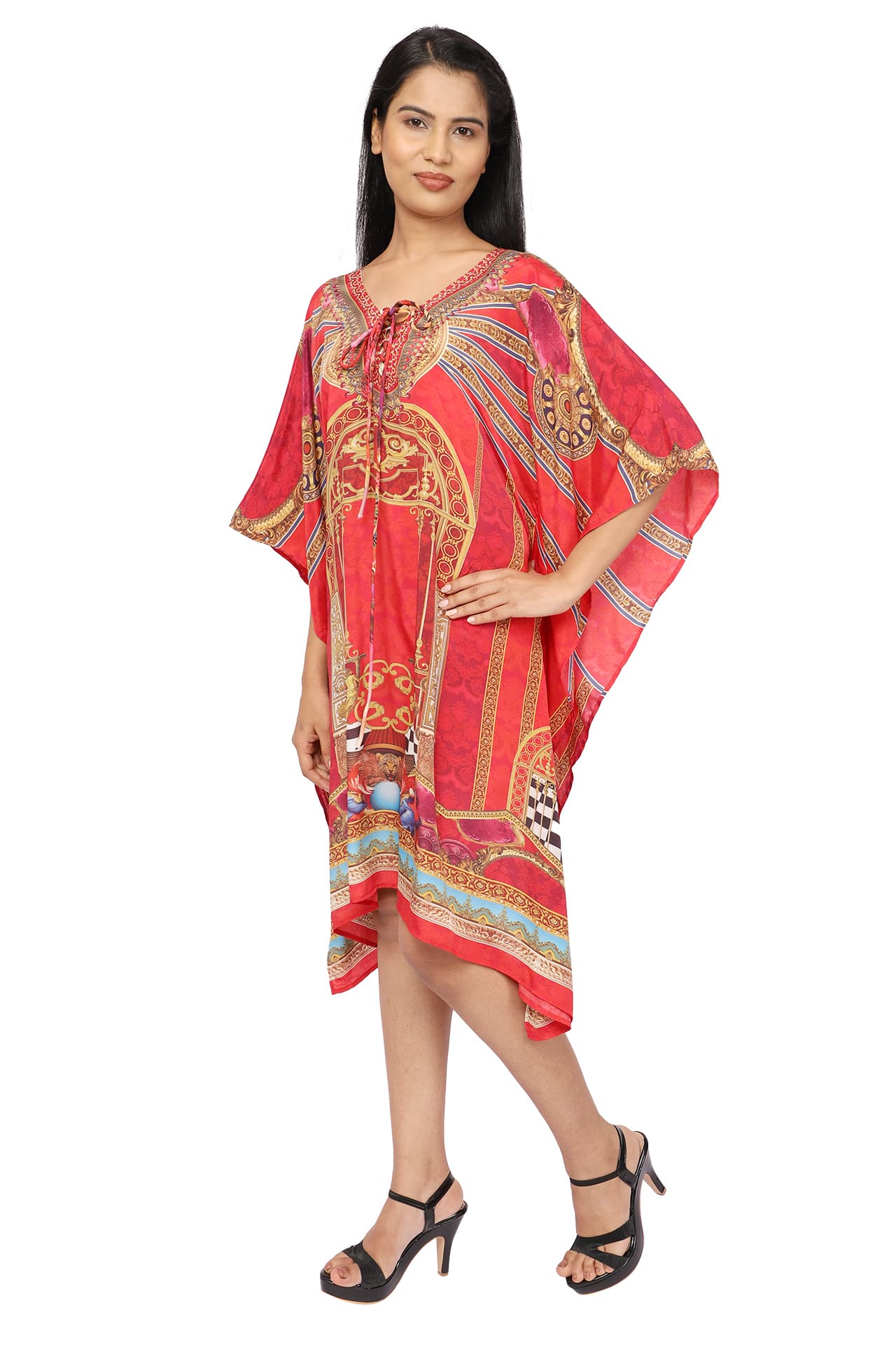 RED PRINTED KNEE LENGTH CREPE KAFTAN
