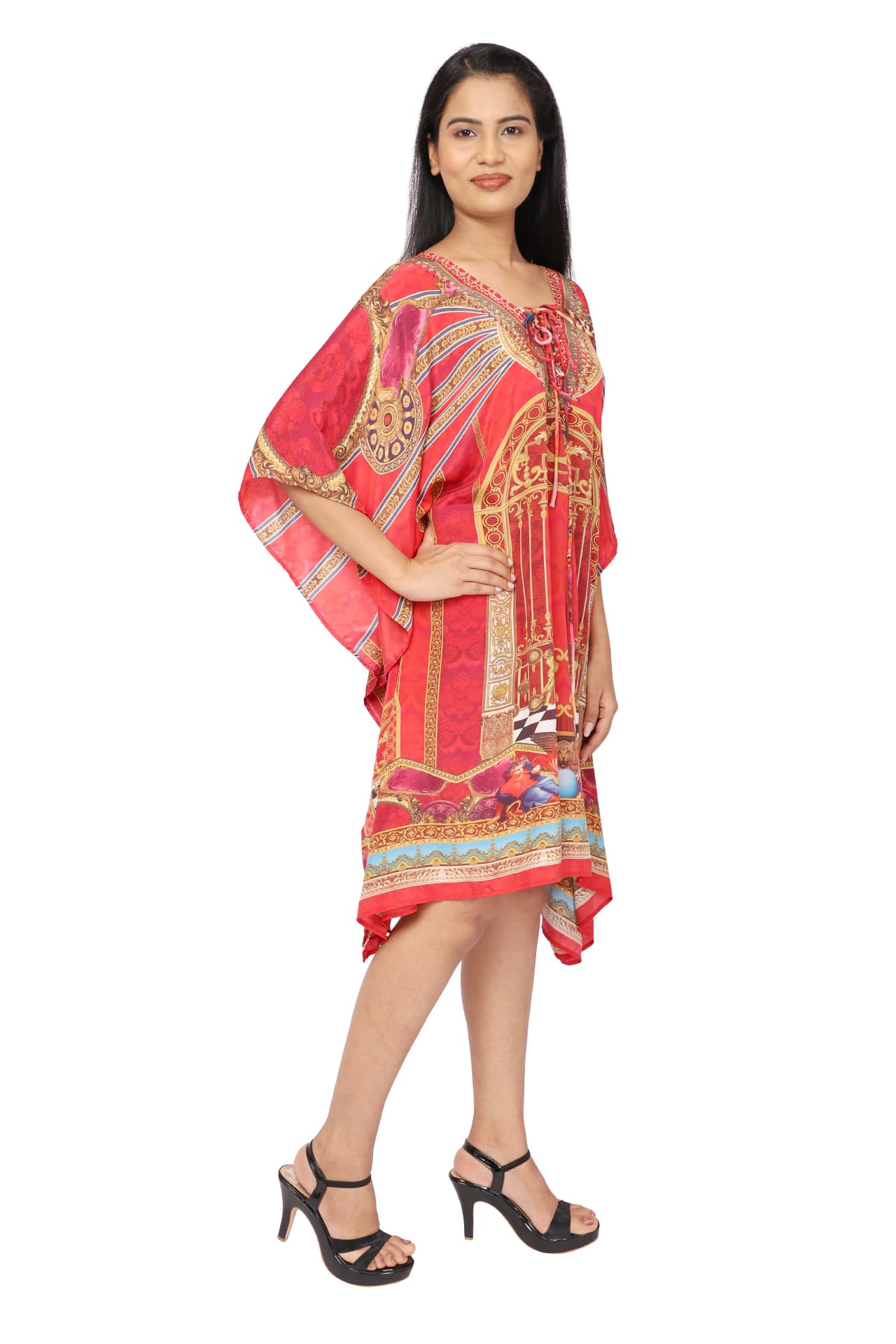 RED PRINTED KNEE LENGTH CREPE KAFTAN