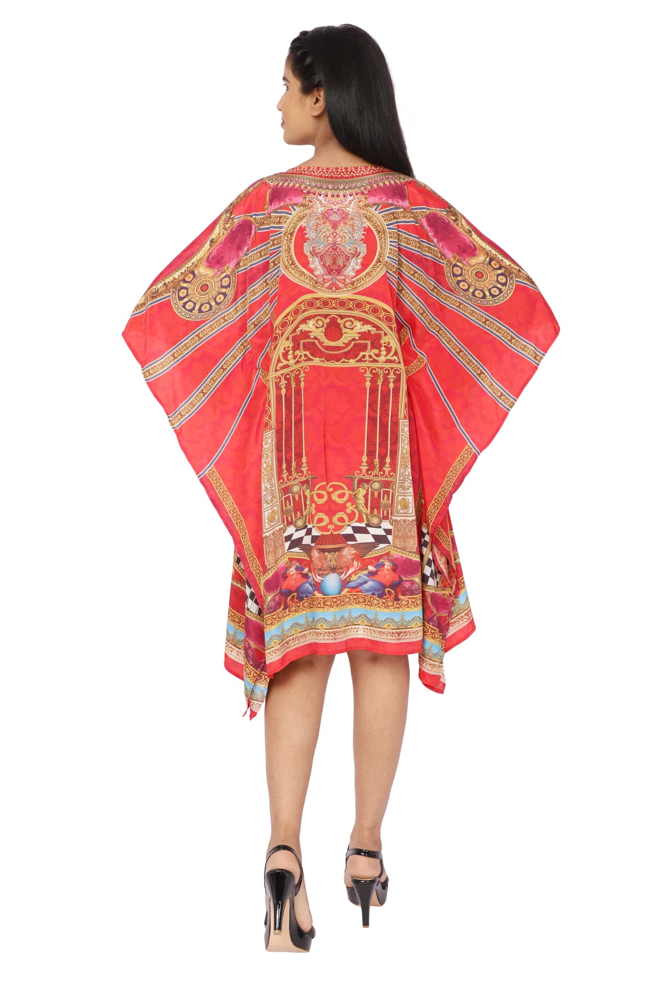RED PRINTED KNEE LENGTH CREPE KAFTAN