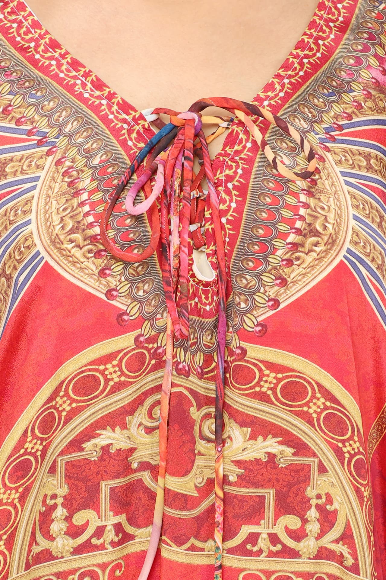 RED PRINTED KNEE LENGTH CREPE KAFTAN