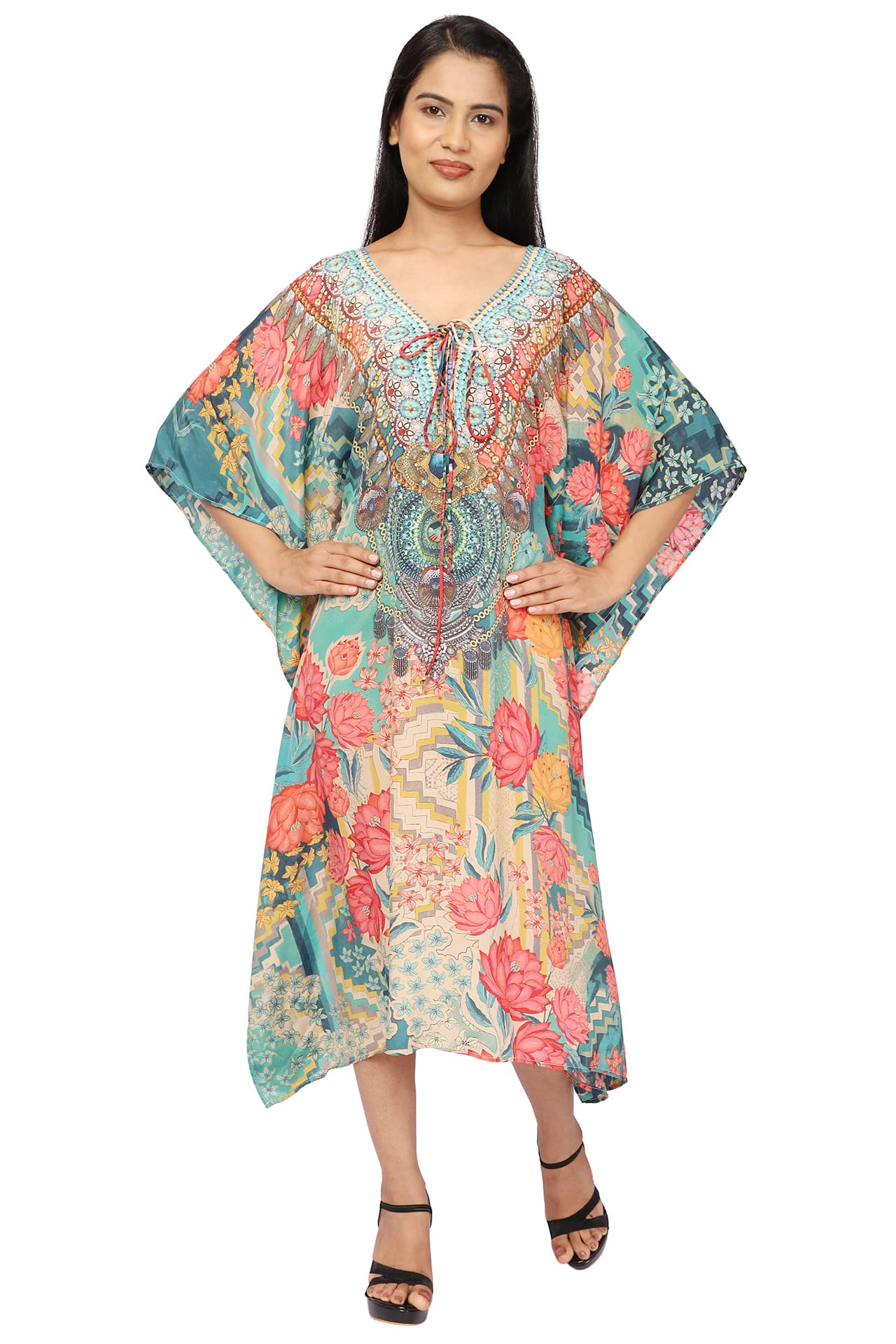 BLUE LOTUS PRINT LONG CREPE KAFTAN
