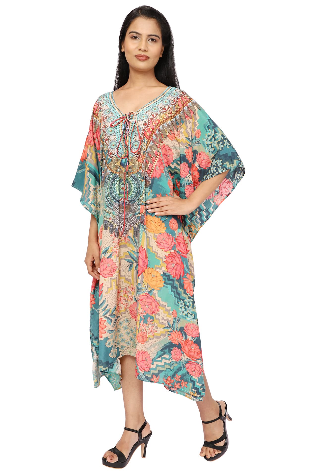 BLUE LOTUS PRINT LONG CREPE KAFTAN