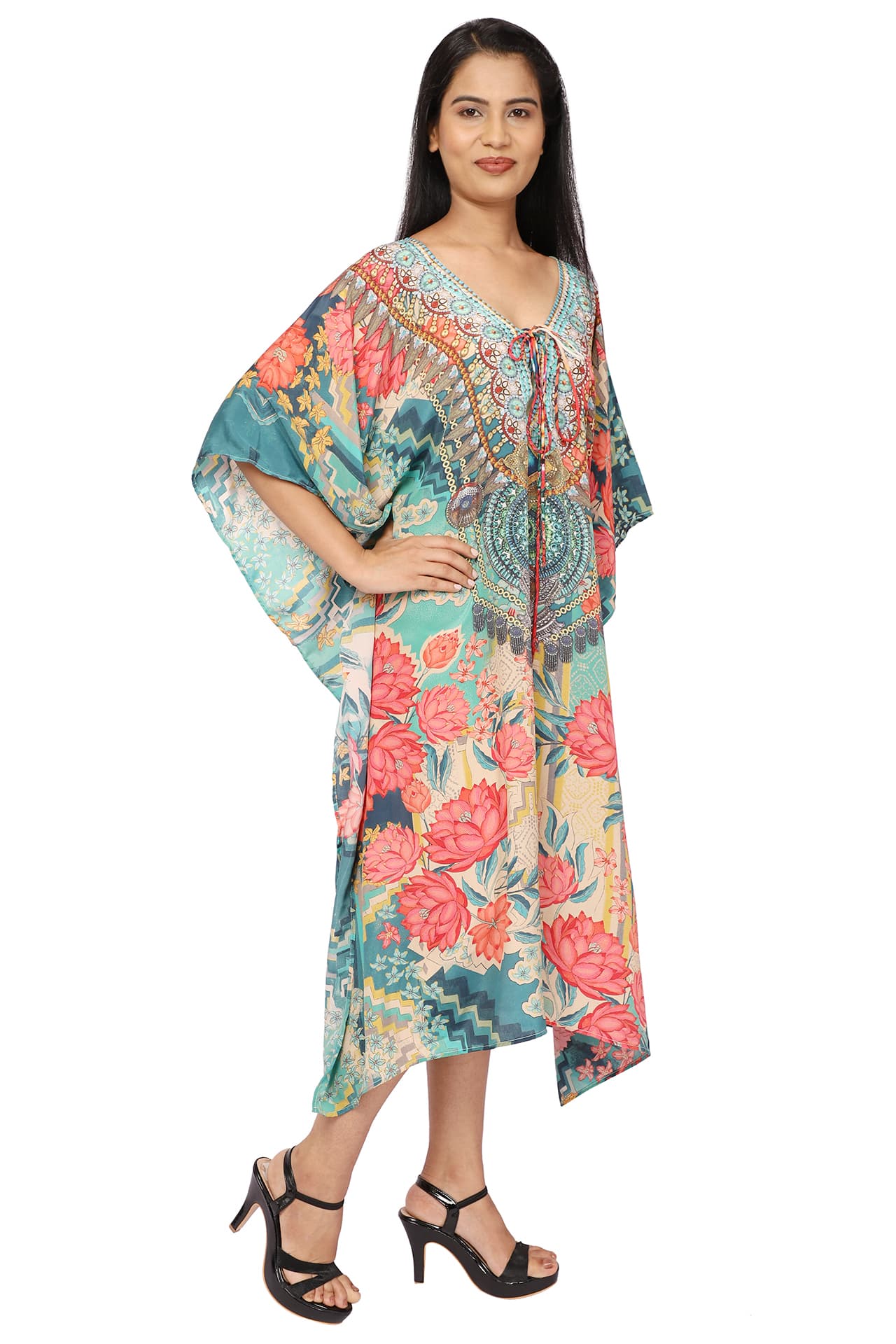 BLUE LOTUS PRINT LONG CREPE KAFTAN