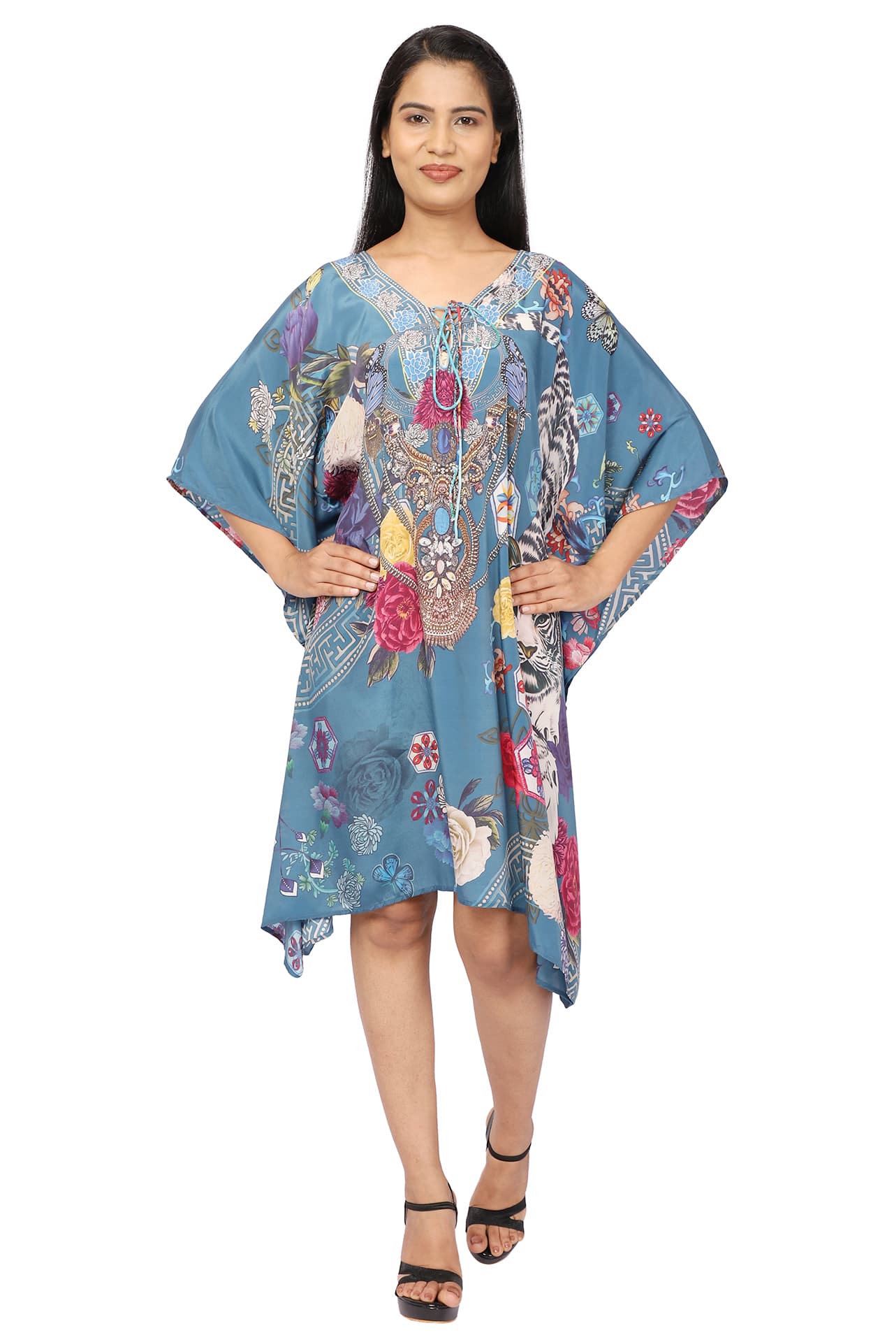 BLUE TIGER PRINT KNEE LENGTH CREPE KAFTAN