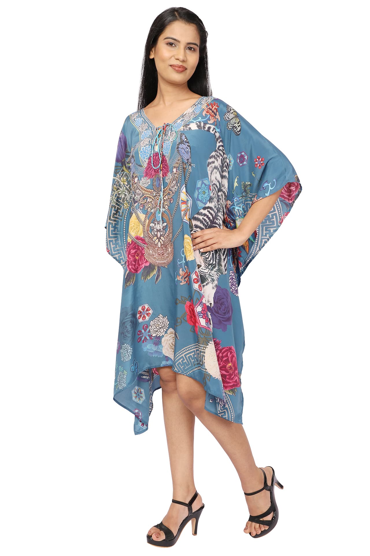 BLUE TIGER PRINT KNEE LENGTH CREPE KAFTAN