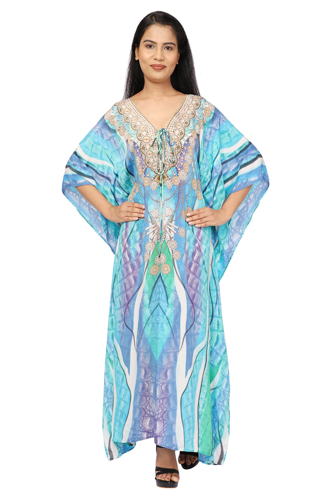TURQ PURPLE PRINTED LONG CREPE KAFTAN
