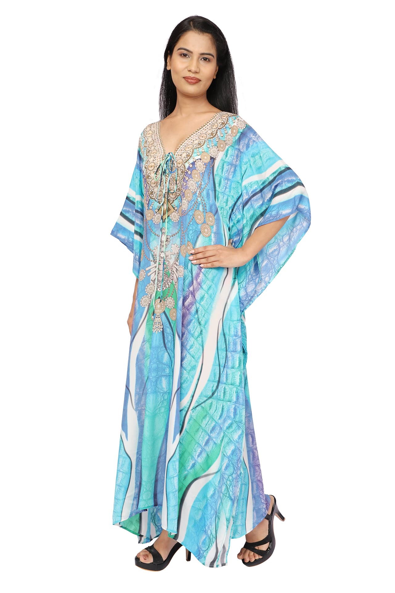 TURQ PURPLE PRINTED LONG CREPE KAFTAN