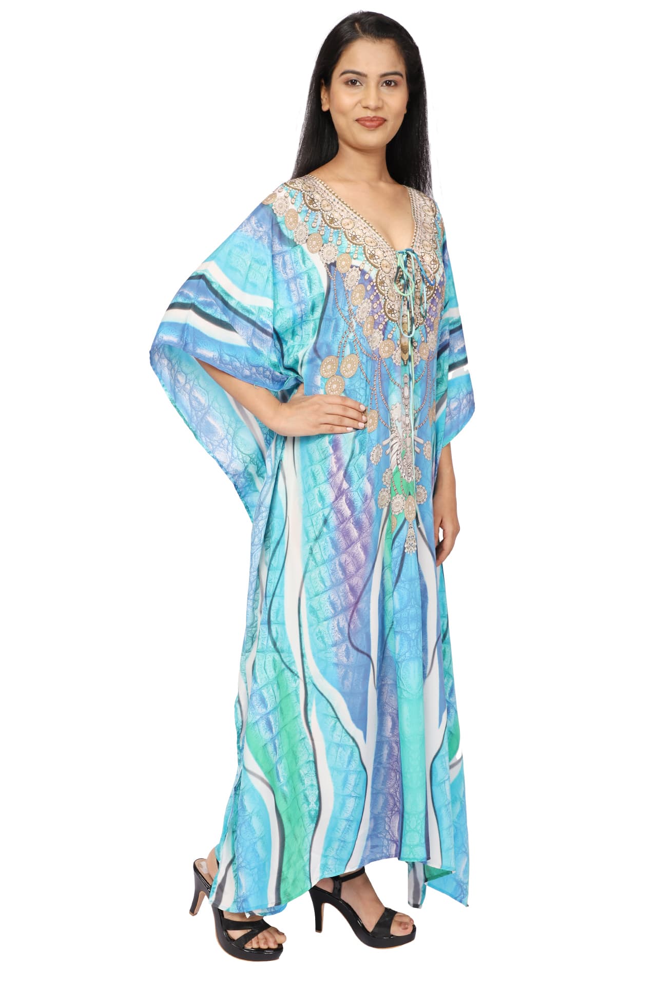 TURQ PURPLE PRINTED LONG CREPE KAFTAN
