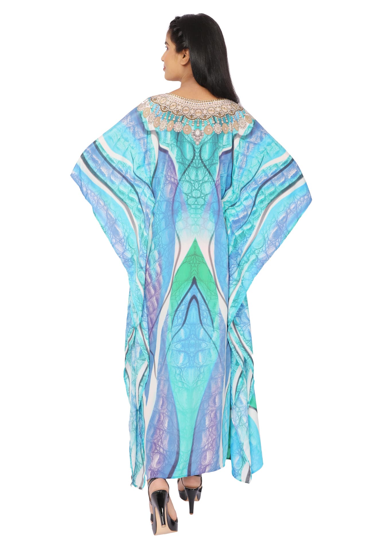 TURQ PURPLE PRINTED LONG CREPE KAFTAN
