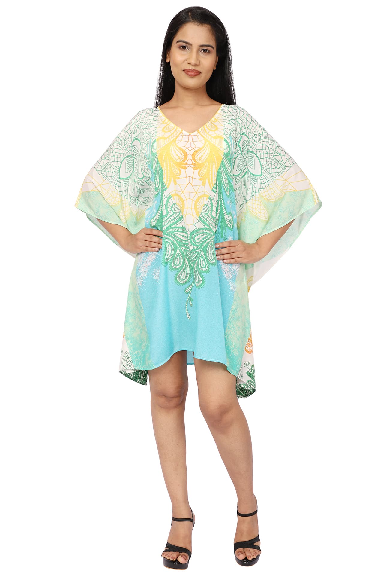 TURQ YELLOW PAISLEY PRINTED SHORT LENGTH CREPE KAFTAN