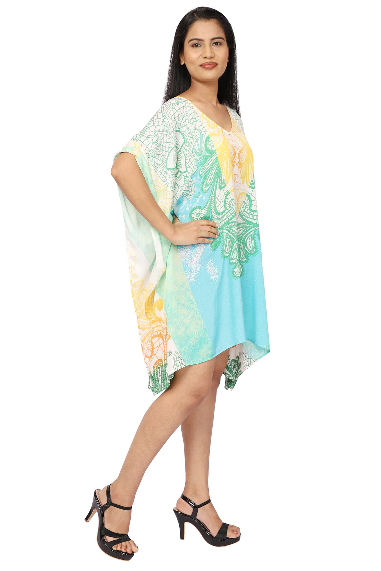 TURQ YELLOW PAISLEY PRINTED SHORT LENGTH CREPE KAFTAN