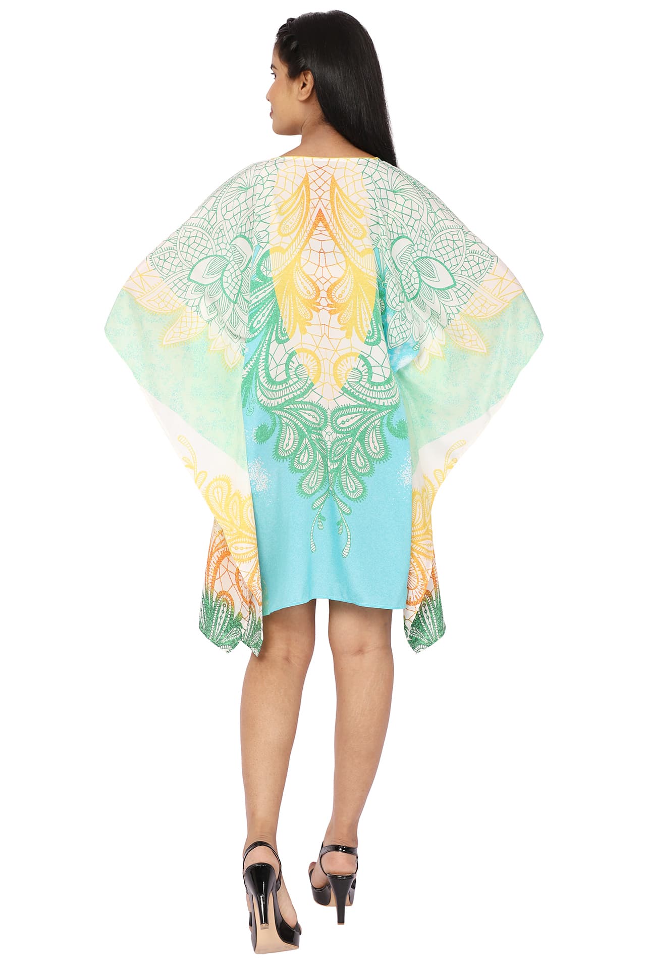 TURQ YELLOW PAISLEY PRINTED SHORT LENGTH CREPE KAFTAN