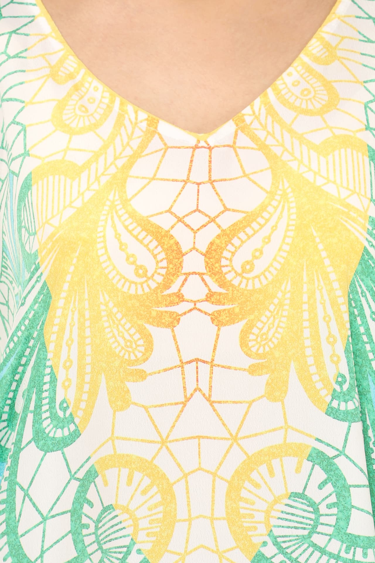 TURQ YELLOW PAISLEY PRINTED SHORT LENGTH CREPE KAFTAN