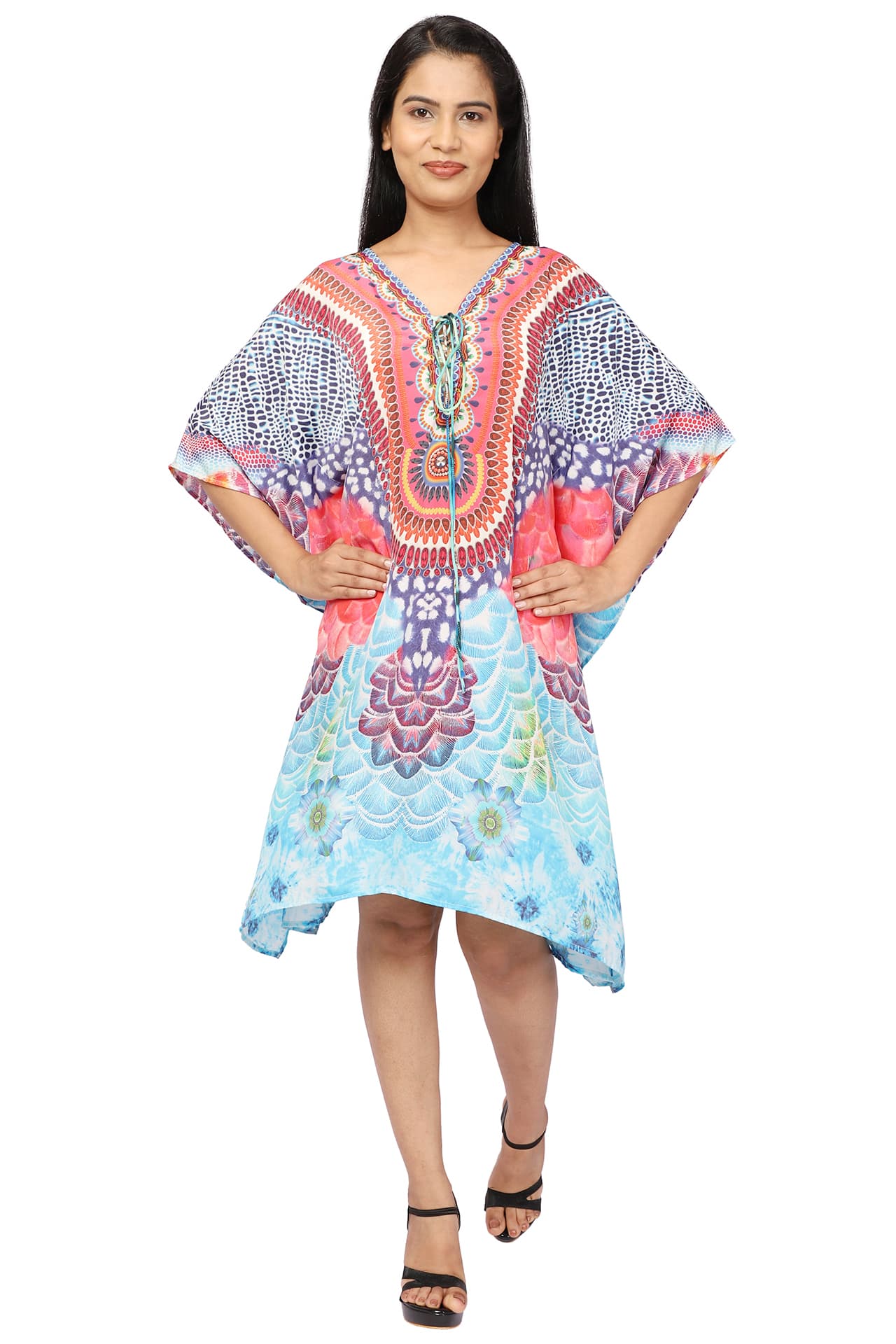 BLUE PRINTED KNEE LENGTH CREPE KAFTAN