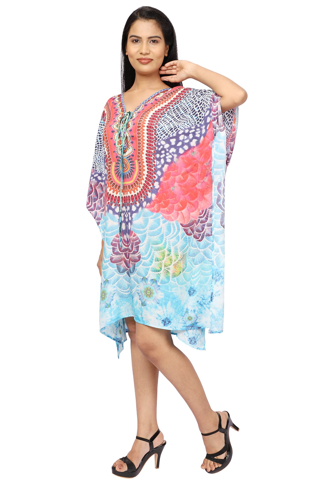 BLUE PRINTED KNEE LENGTH CREPE KAFTAN