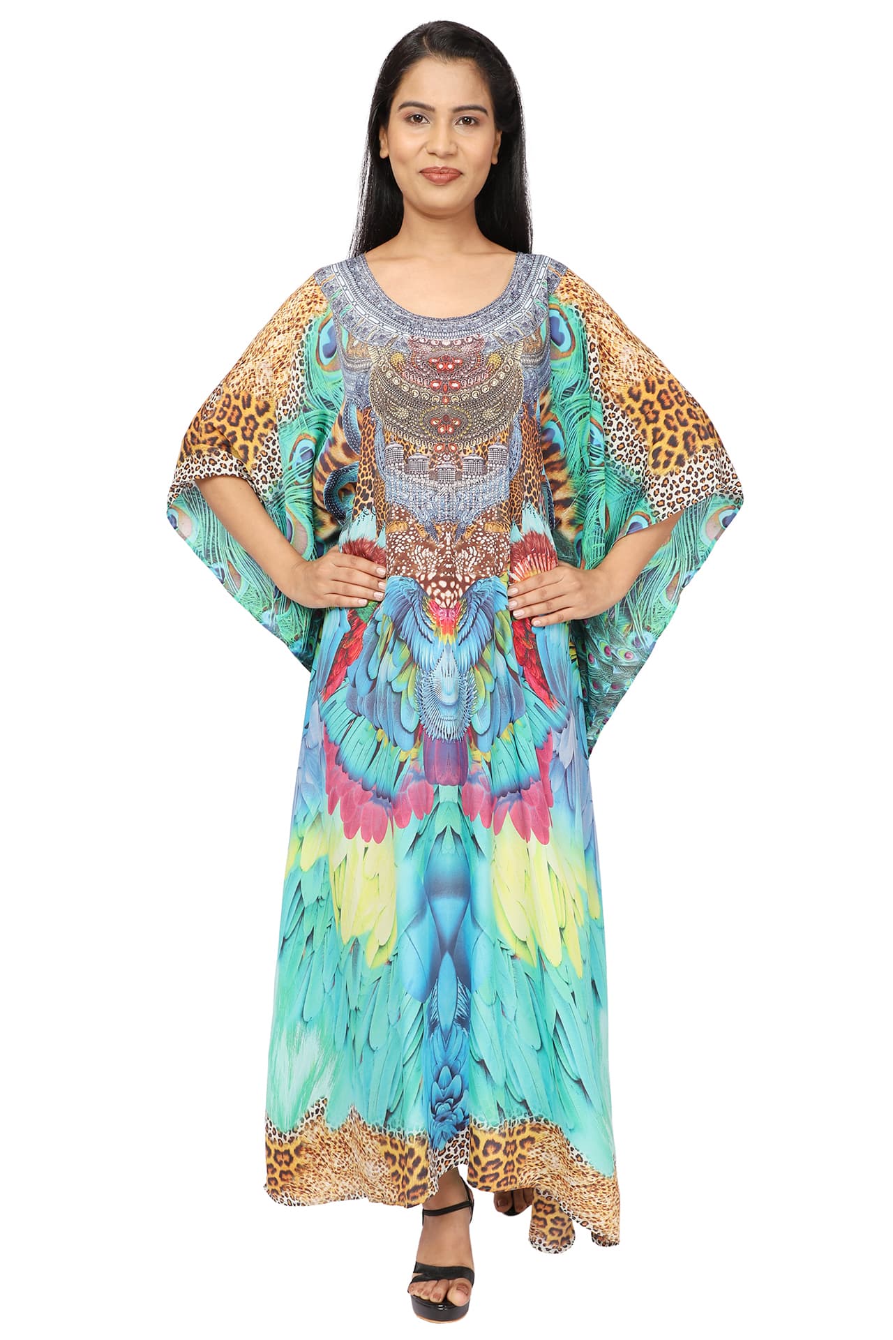 LEOPARD AND FEATHER PRINT LONG CREPE KAFTAN