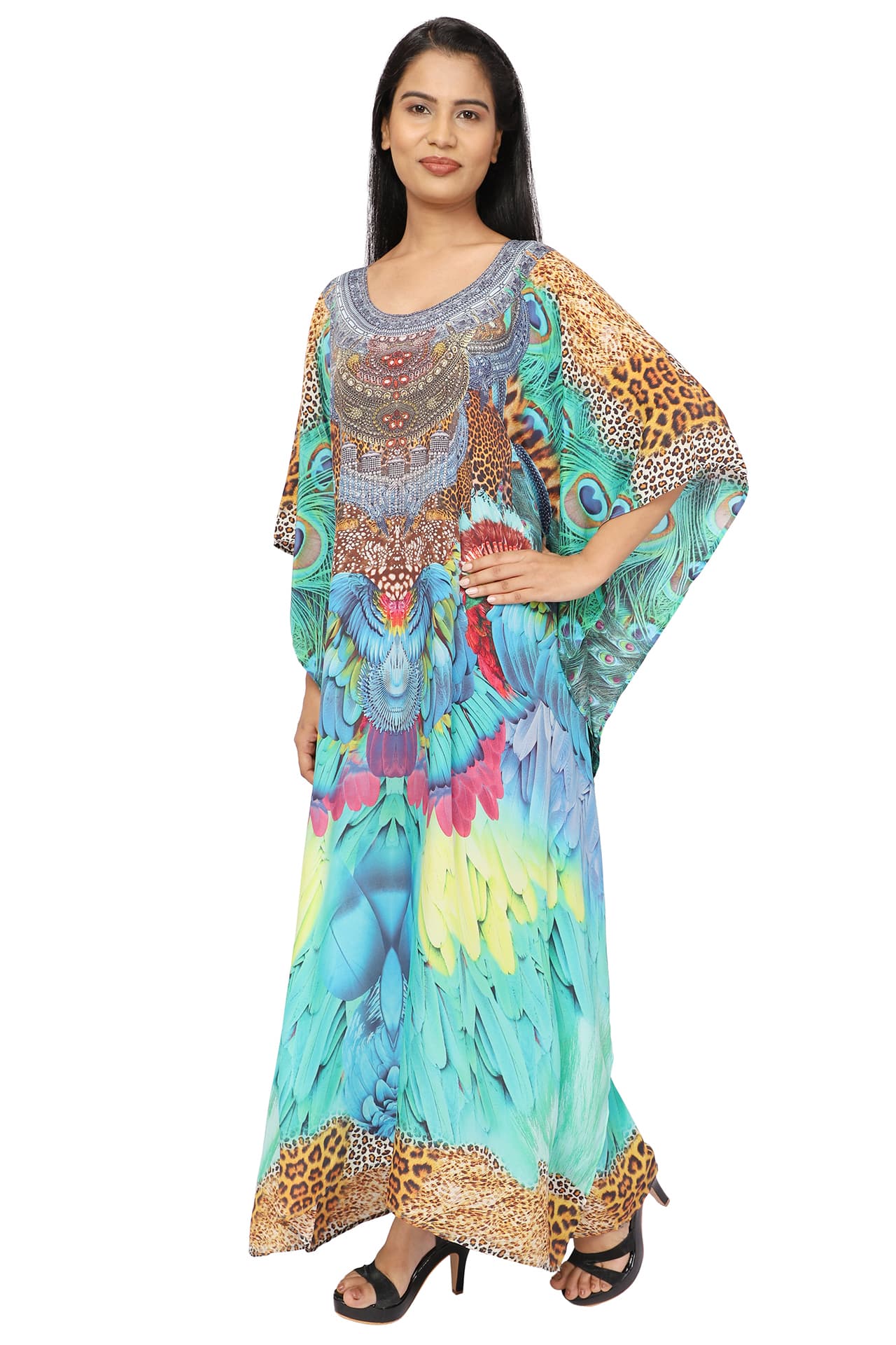 LEOPARD AND FEATHER PRINT LONG CREPE KAFTAN