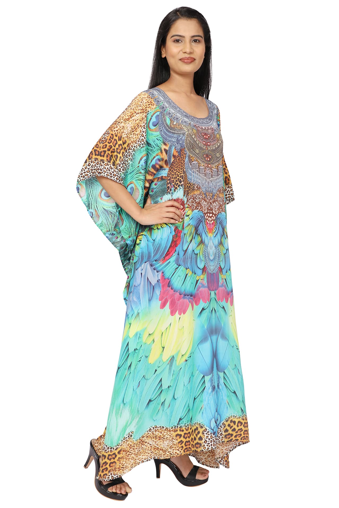 LEOPARD AND FEATHER PRINT LONG CREPE KAFTAN