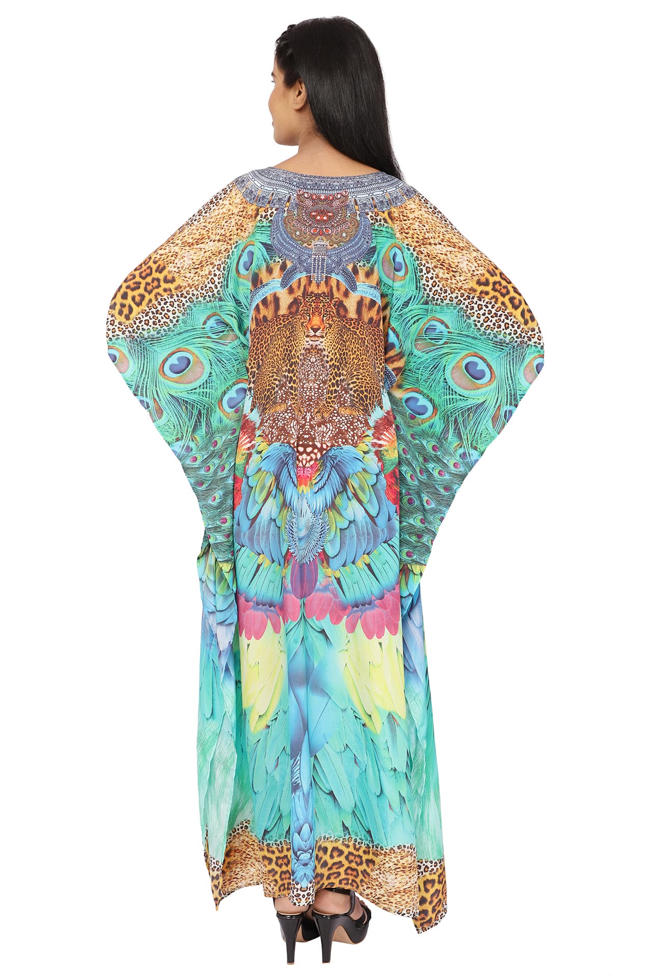 LEOPARD AND FEATHER PRINT LONG CREPE KAFTAN
