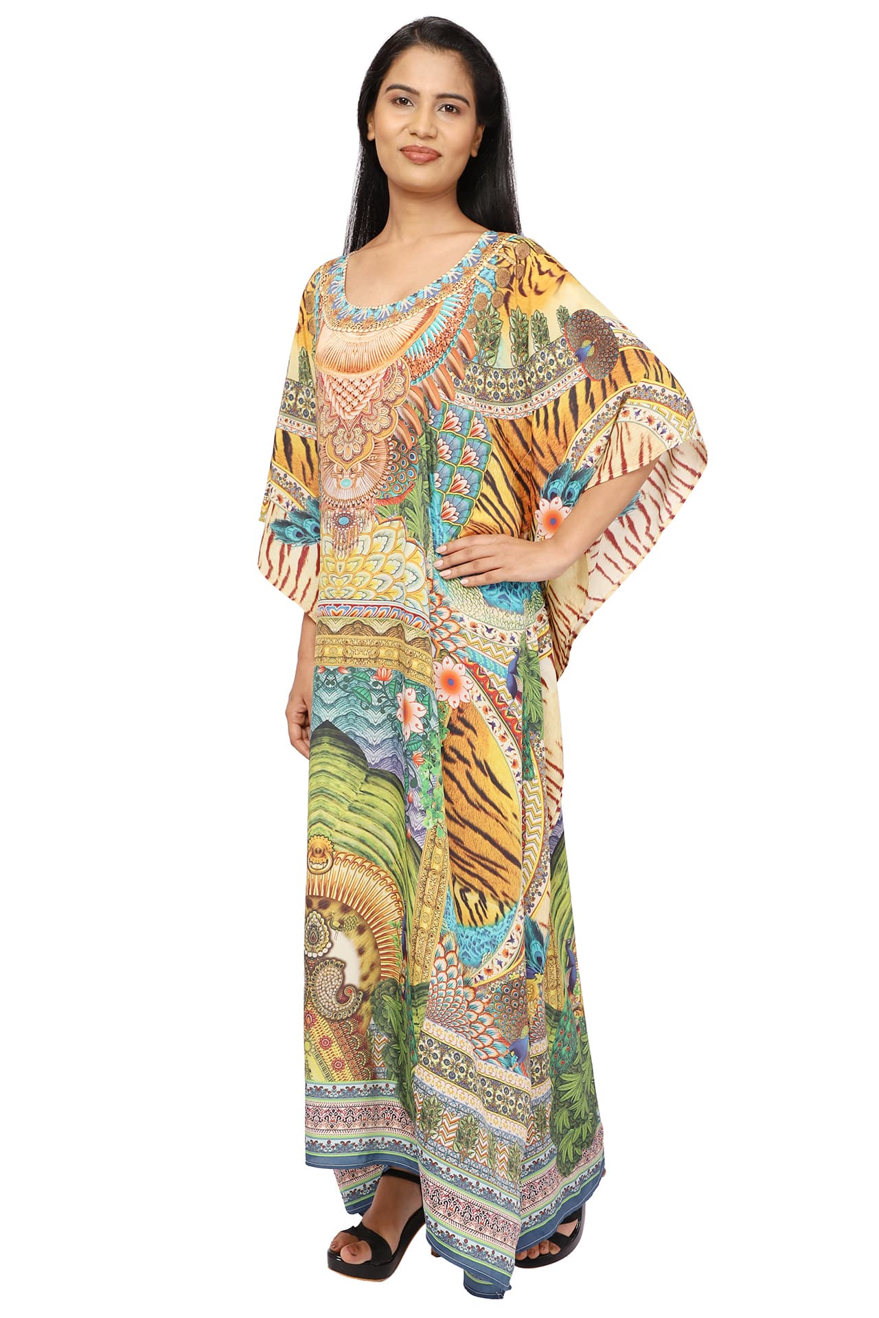 YELLOW MULTI PRINTED LONG CREPE KAFTAN