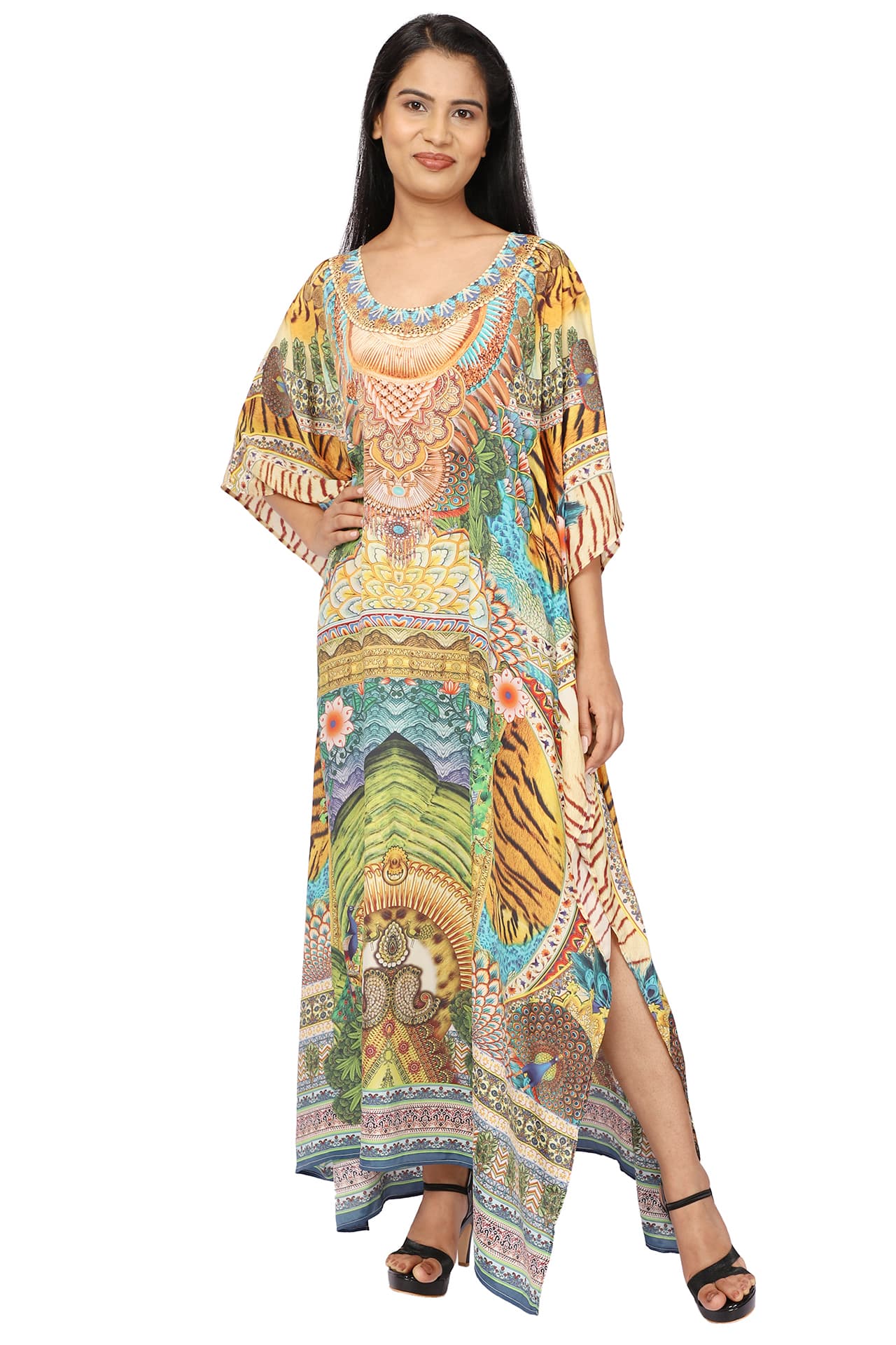 YELLOW MULTI PRINTED LONG CREPE KAFTAN