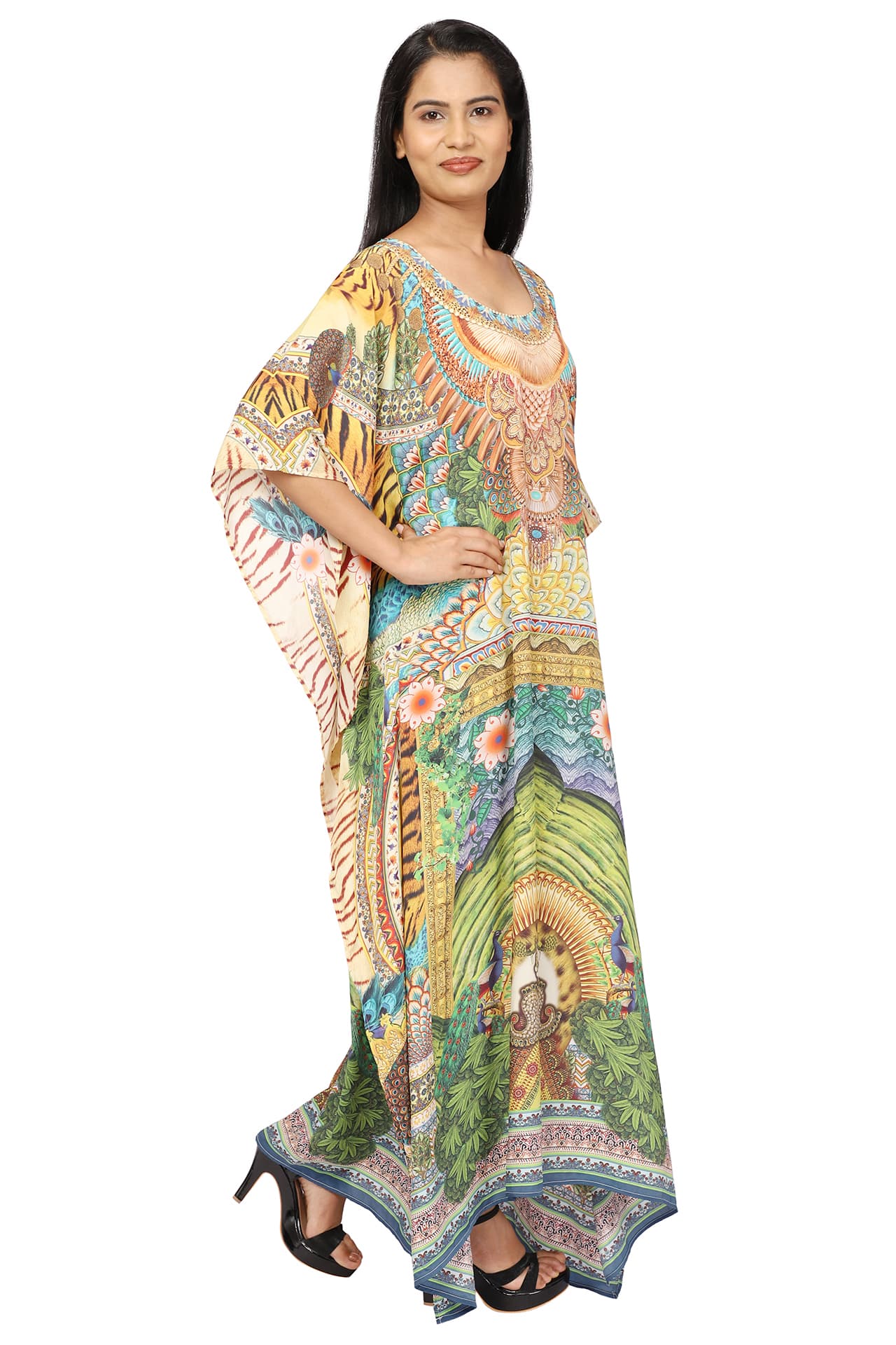 YELLOW MULTI PRINTED LONG CREPE KAFTAN