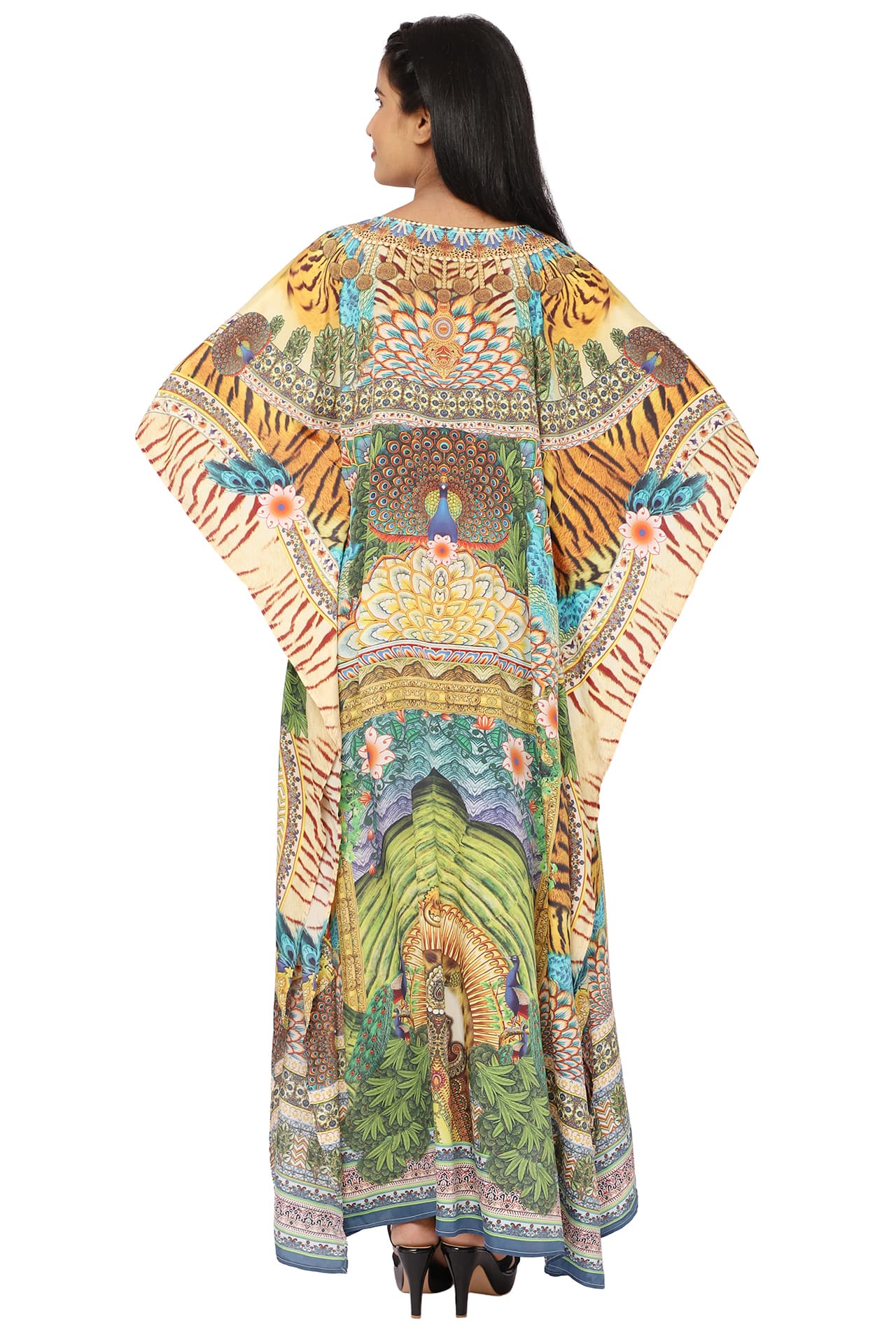 YELLOW MULTI PRINTED LONG CREPE KAFTAN