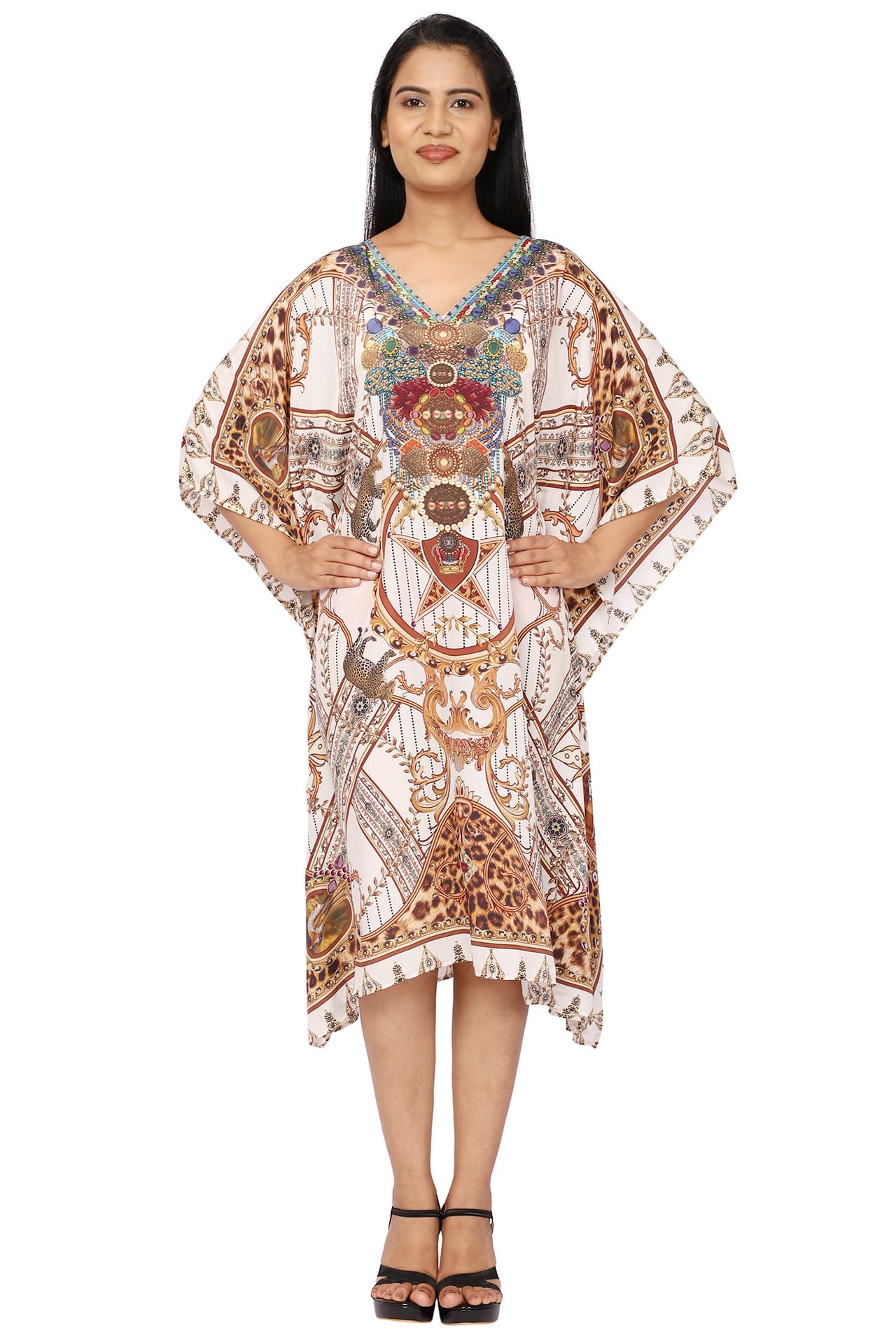 WHITE BROWN PRINTED KNEE LENGTH CREPE KAFTAN