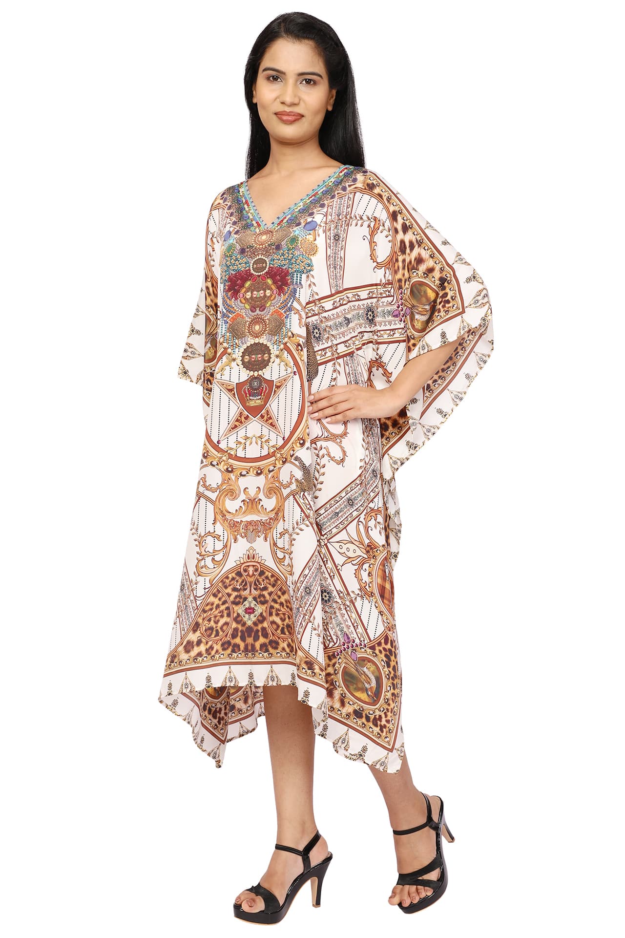 WHITE BROWN PRINTED KNEE LENGTH CREPE KAFTAN