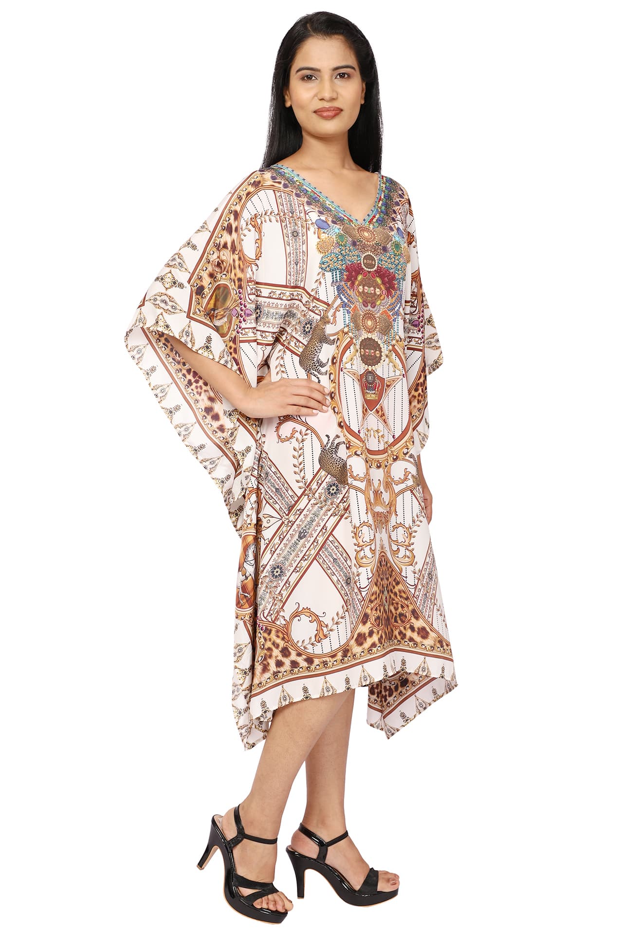 WHITE BROWN PRINTED KNEE LENGTH CREPE KAFTAN
