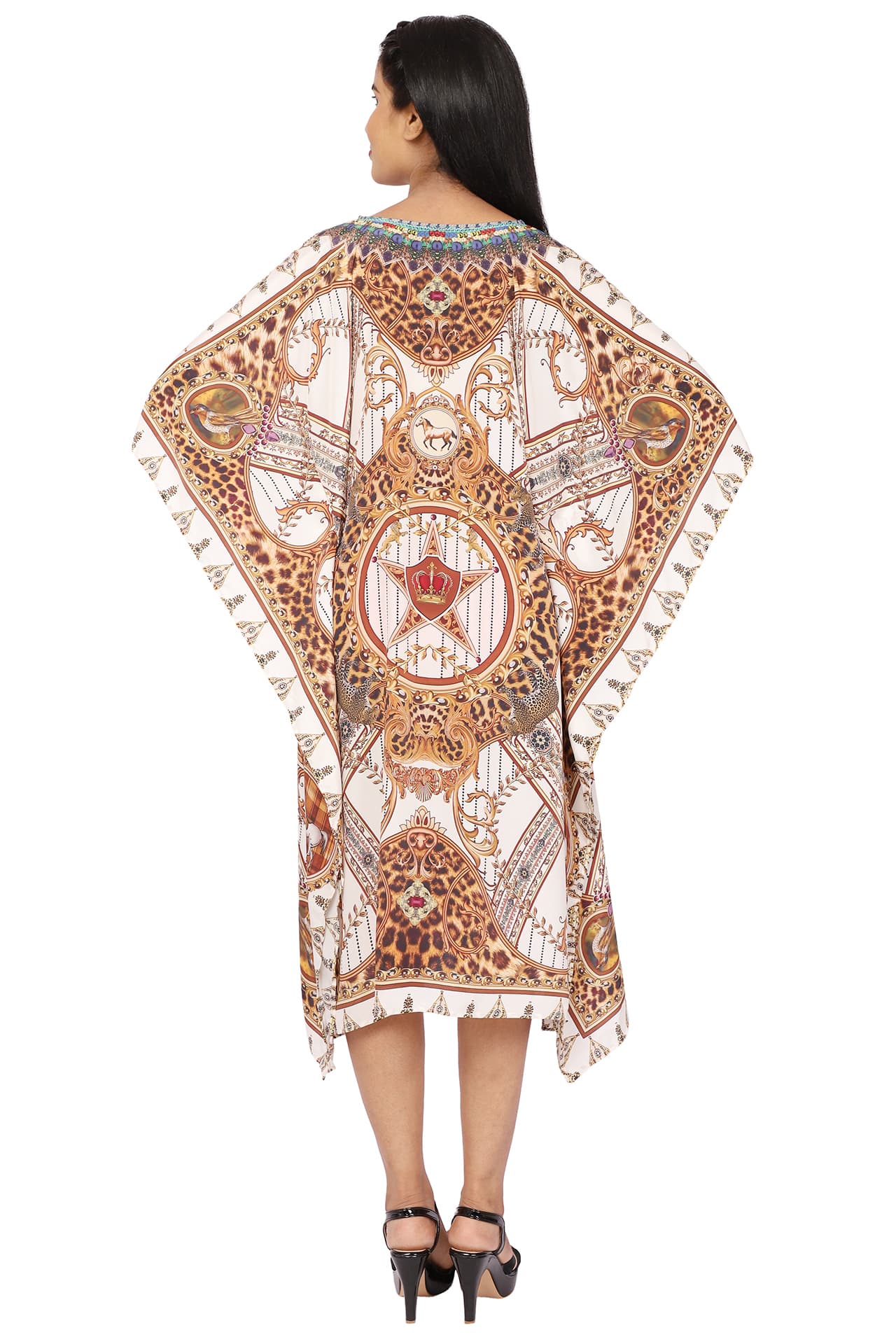 WHITE BROWN PRINTED KNEE LENGTH CREPE KAFTAN