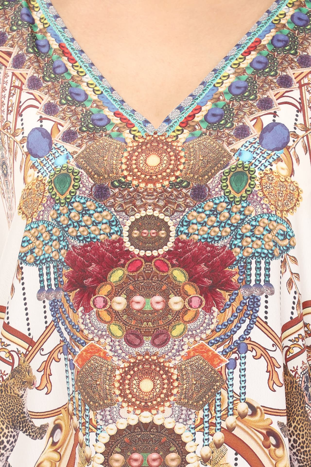 WHITE BROWN PRINTED KNEE LENGTH CREPE KAFTAN