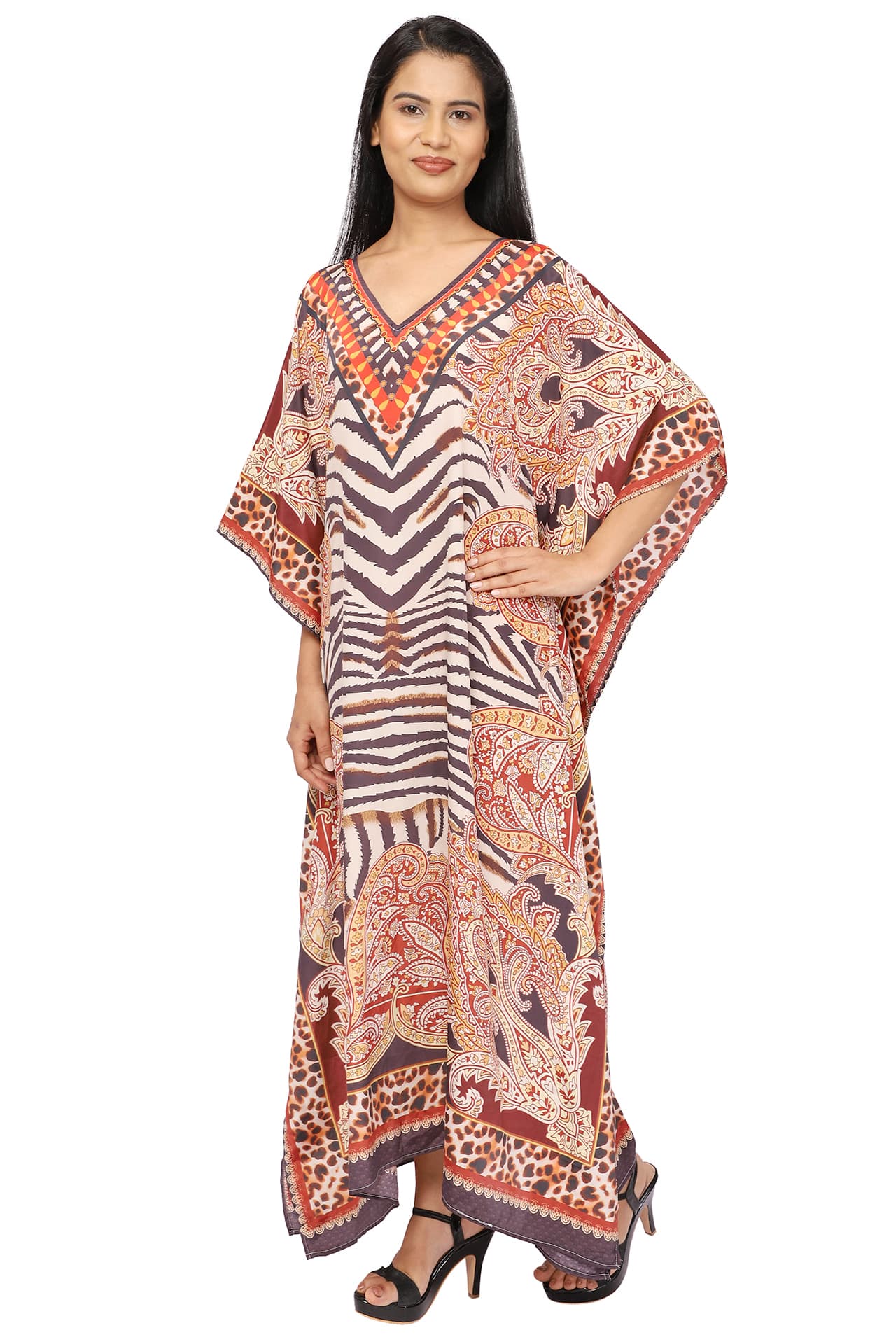 ZEBRA AND LEOPARD PRINT LONG CREPE KAFTAN
