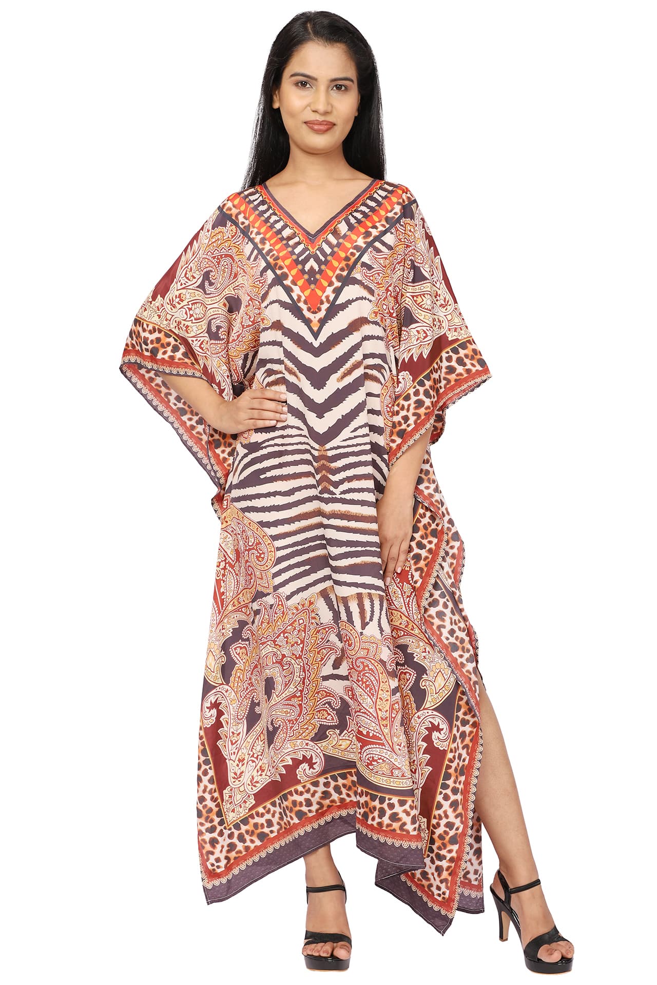 ZEBRA AND LEOPARD PRINT LONG CREPE KAFTAN