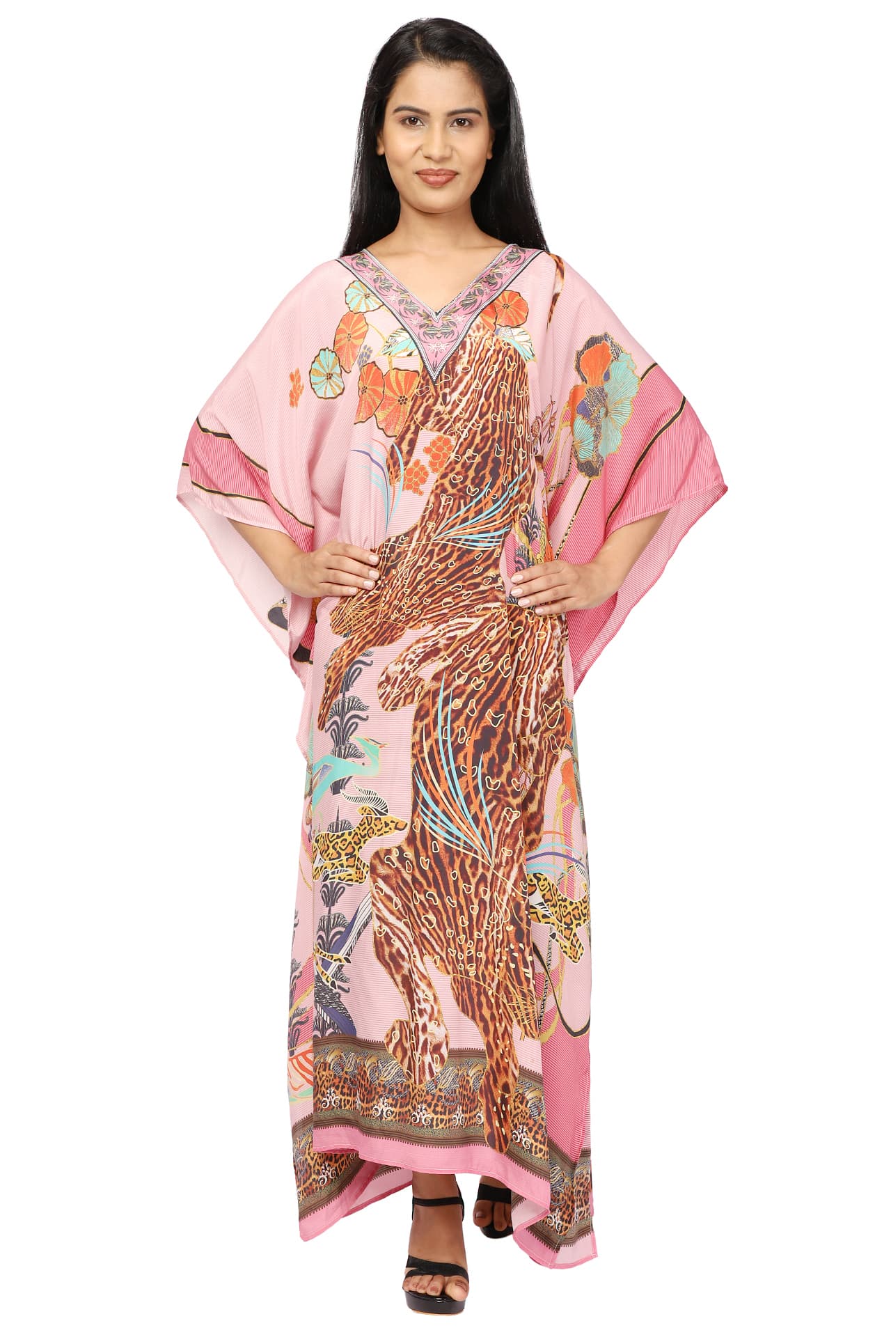 PINK LEOPARD PRINT LONG CREPE KAFTAN