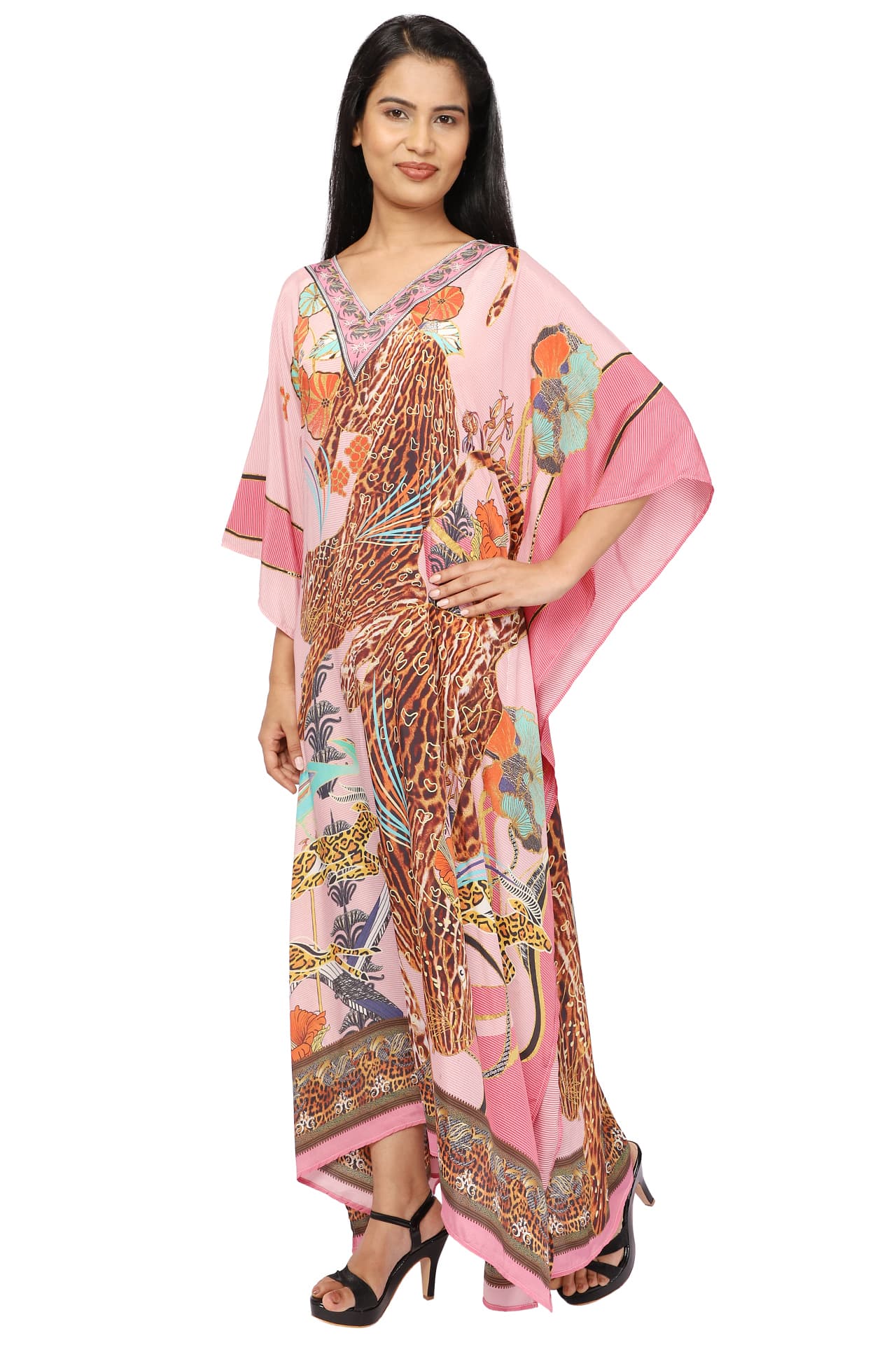 PINK LEOPARD PRINT LONG CREPE KAFTAN