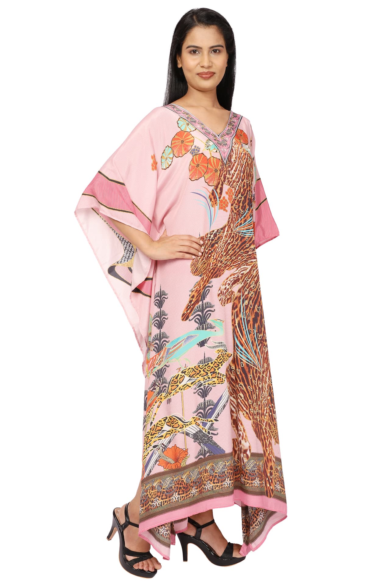 PINK LEOPARD PRINT LONG CREPE KAFTAN