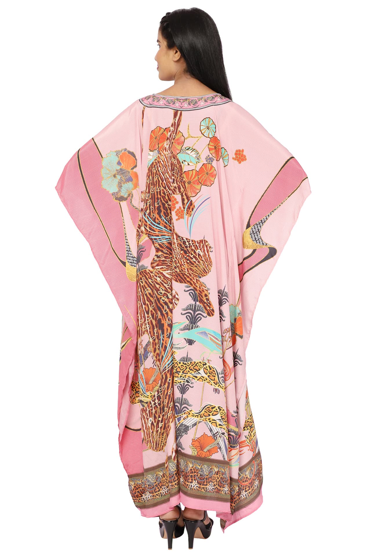 PINK LEOPARD PRINT LONG CREPE KAFTAN