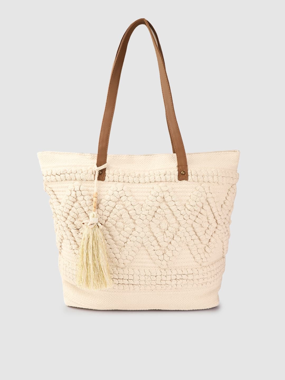 OFF WHITE  HANDWOVEN TOTE BAG WITH TASSELS