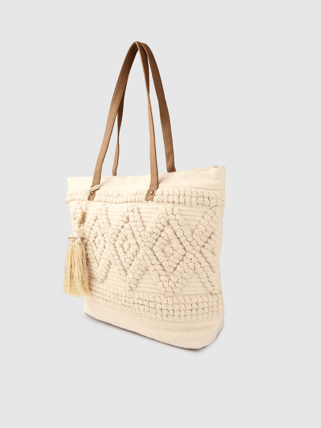 OFF WHITE  HANDWOVEN TOTE BAG WITH TASSELS