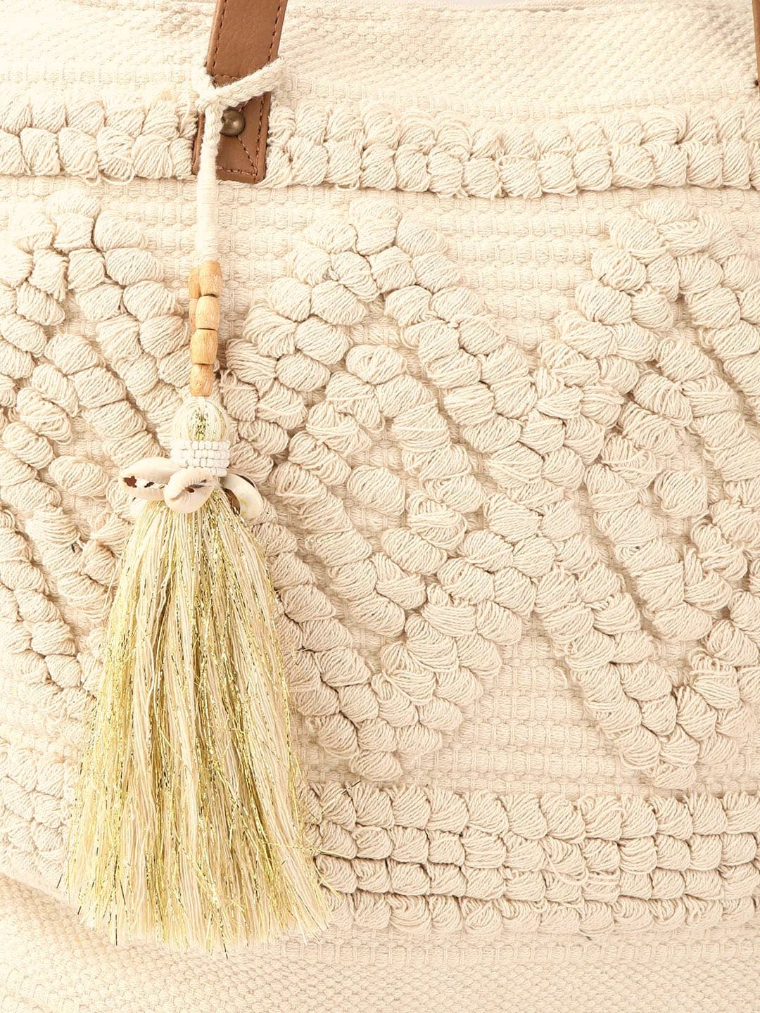 OFF WHITE  HANDWOVEN TOTE BAG WITH TASSELS