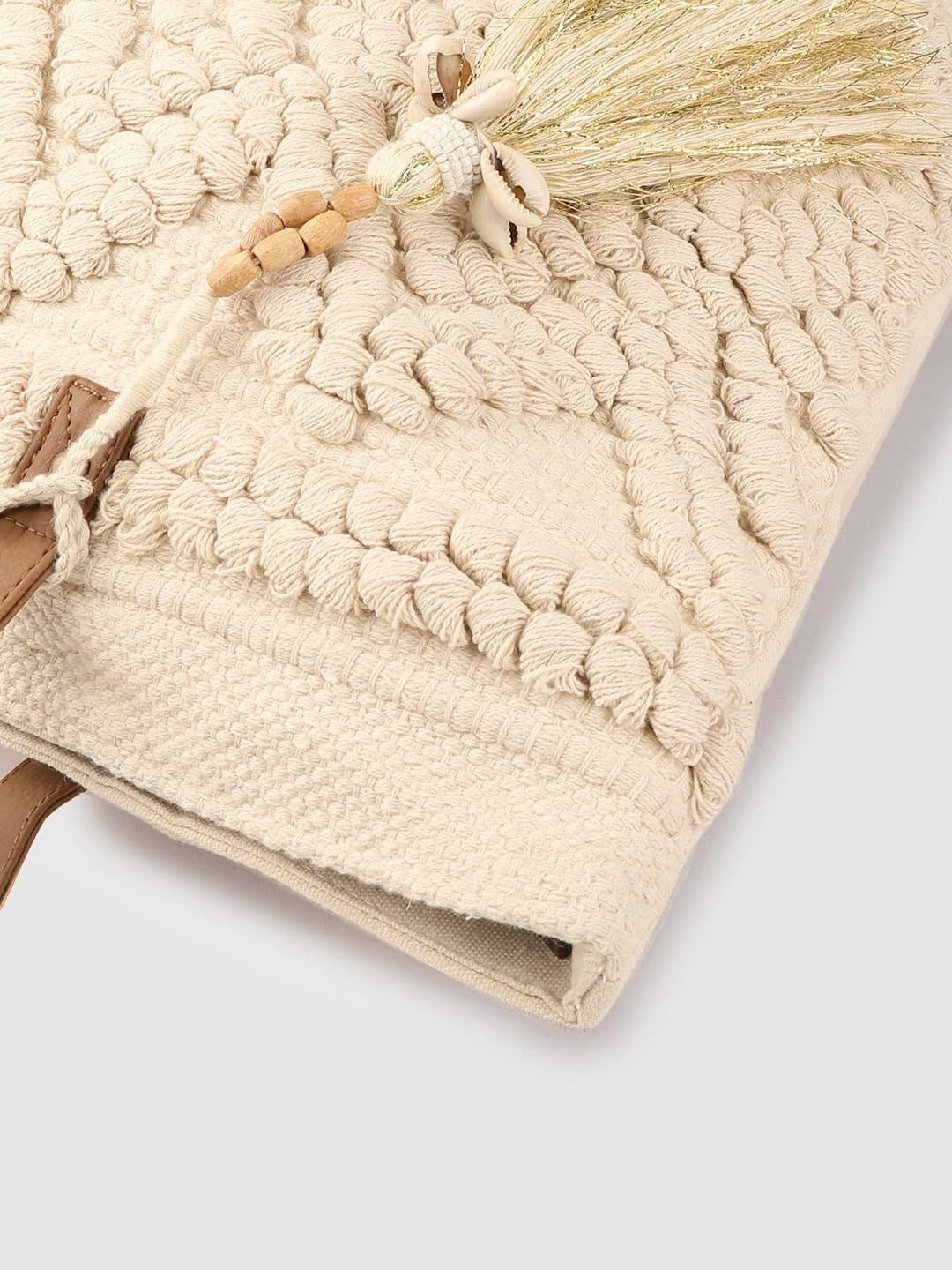 OFF WHITE  HANDWOVEN TOTE BAG WITH TASSELS