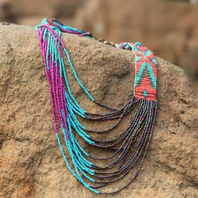 PURPLE MULTI COLOR GLASS BEADED DESIGN NECKLACE