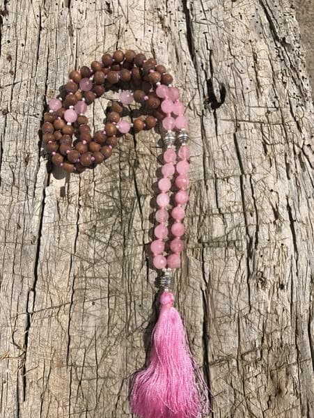 WOOD GLASS BEADS WITH PINK TASSEL DESIGN NECKLACE