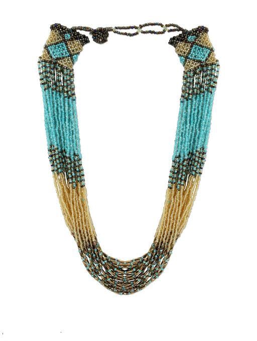 TURQ MULTI STRANDS AND WOVEN  SEED BEAD NECKLACE