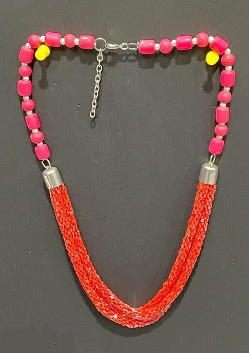 RED GLASS AND CUT BEAD MULTI STRANDS  NECKLACE