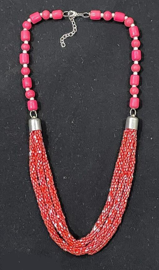 RED GLASS AND CUT BEAD MULTI STRANDS  NECKLACE