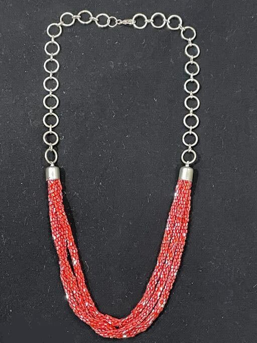 RED CUT BEAD MULTI STRANDS  NECKLACE