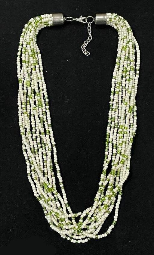 WHITE GREEN MULTI SEED BEAD NECKLACE