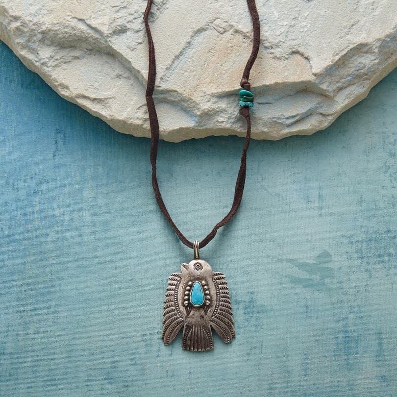 THUNDERBIRD SHAPE SILVER PENDENT SUEDE NECKLACE